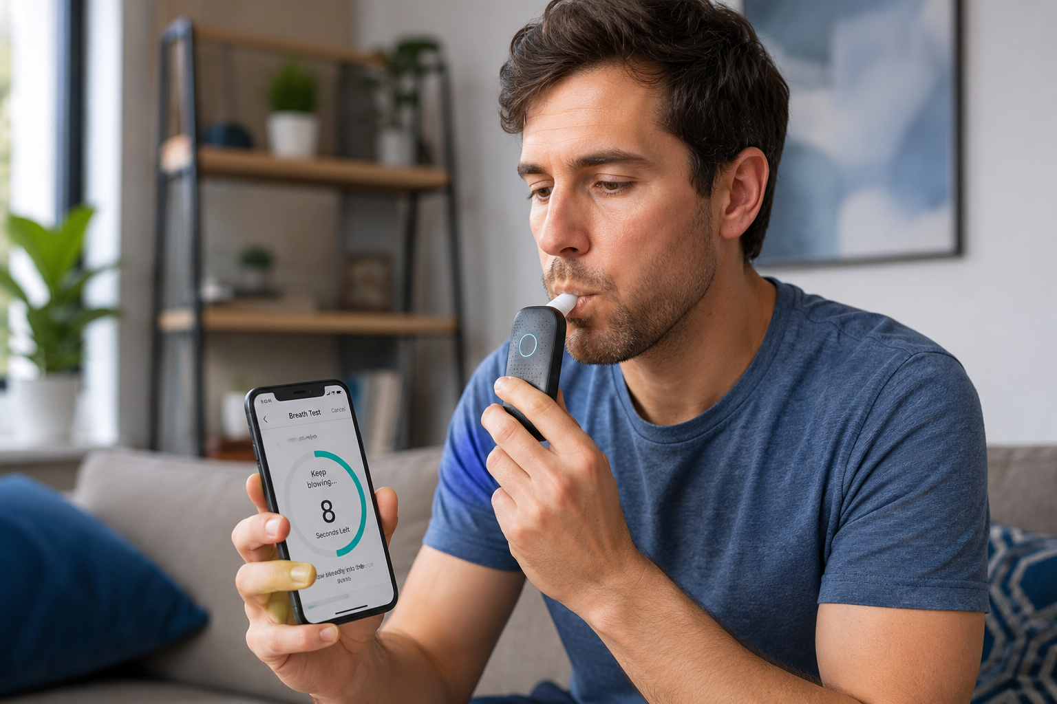 Participant using a mobile app while completing a breath test with a connected device